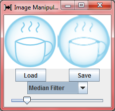 An Image Manipulator frame. The left image is a cyan cup.
						The right image is a blurred version of the left image.