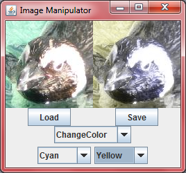 An Image Manipulator frame. The left image is a penguin with red
						hilights in cyan water. The right image is a penguin with blue
						hilights in yellow water.