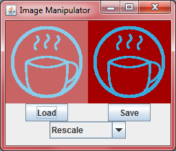An Image Manipulator frame. The left image is a cyan figure on a red
						background. The right image is the same cyan figure and red background,
						but slightly darker.