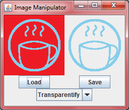 An Image Manipulator frame. The left image is a cyan figure on a red
						background. The right image is the same cyan figure on a background the
						same color as the frame.