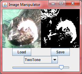 An Image Manipulator frame. The left image is a penguin in water.
						The right image is a image with only black pixels and white
						pixels with a shape resembling the left image.